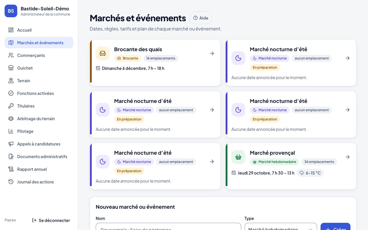 Liste des marchés et création