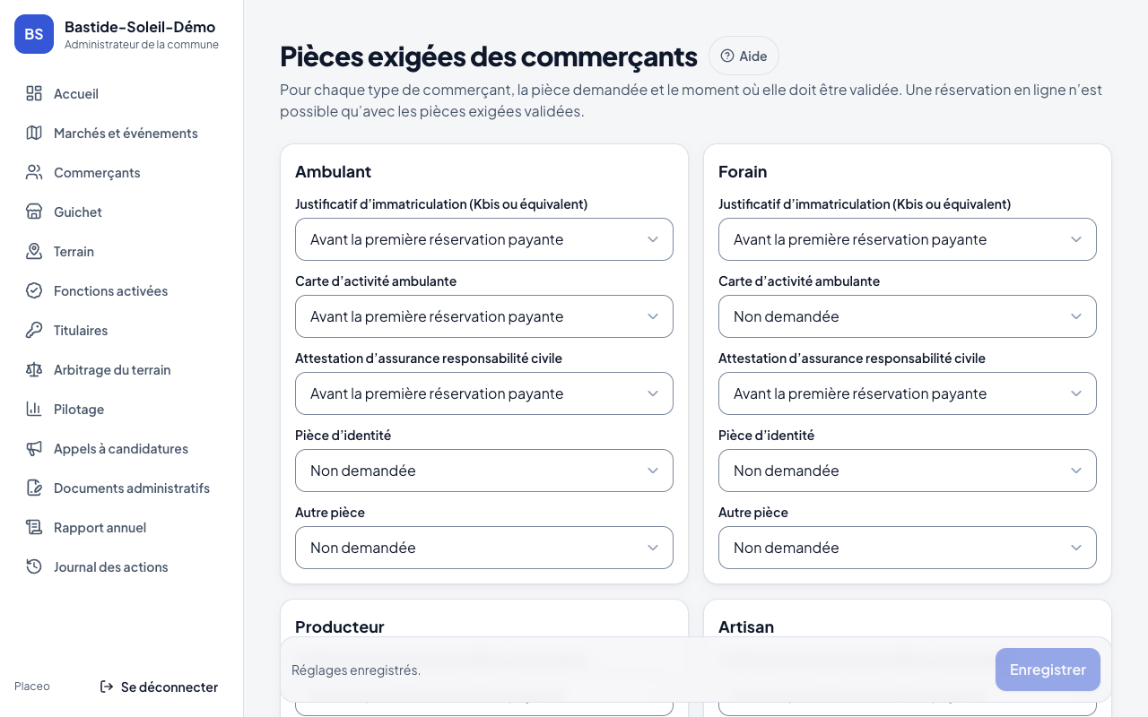 Écran Pièces exigées